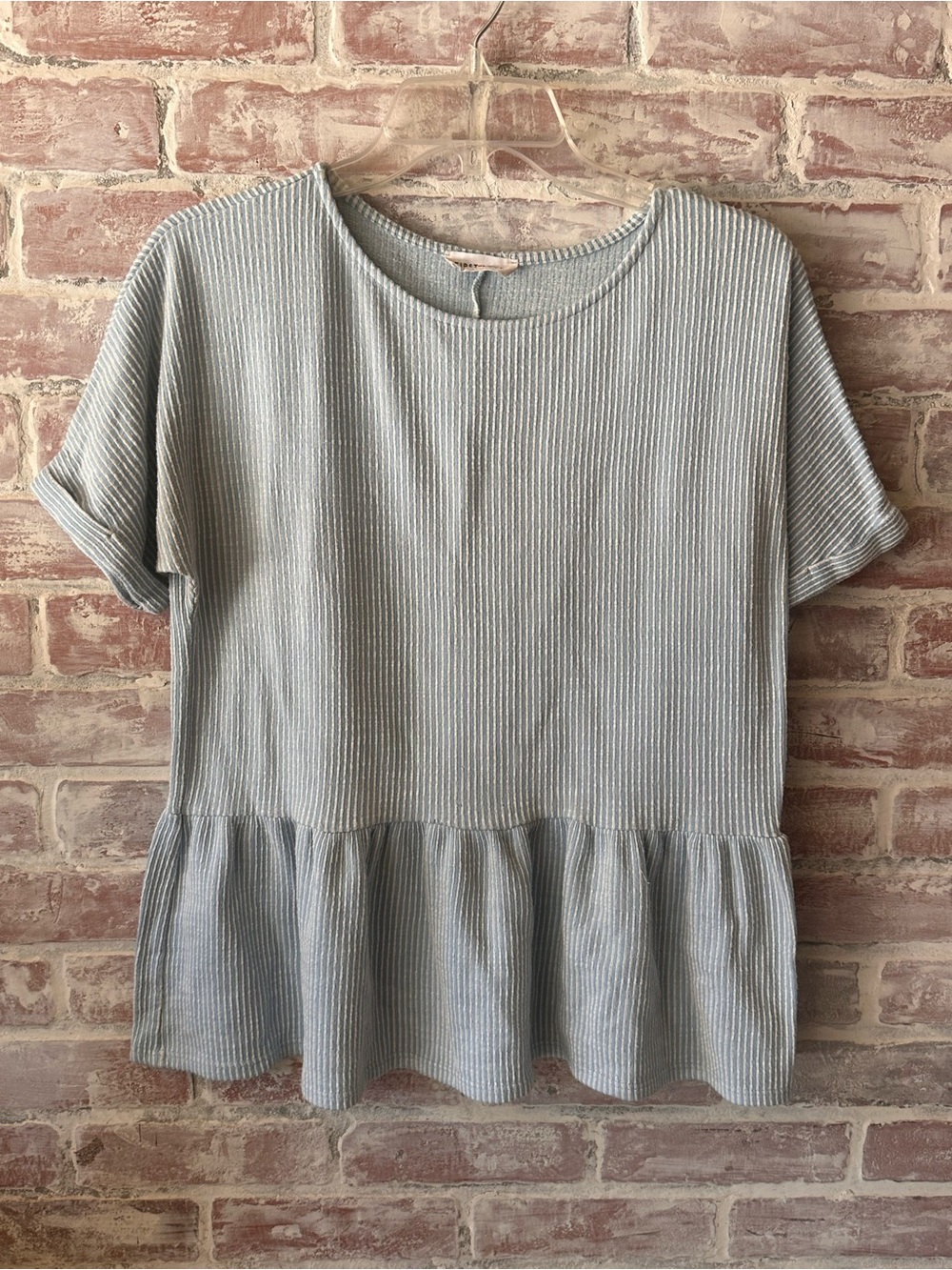 First Love Light Blue Striped Peplum Short Sleeve Top
